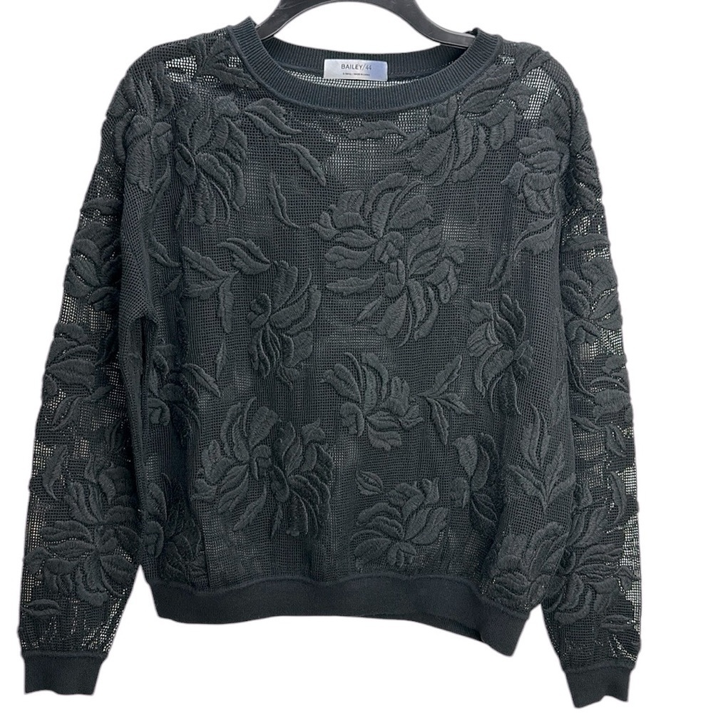 Bailey/44 Black Open Knit Floral Embroidered Top‎ XS Oversized Mesh Goth